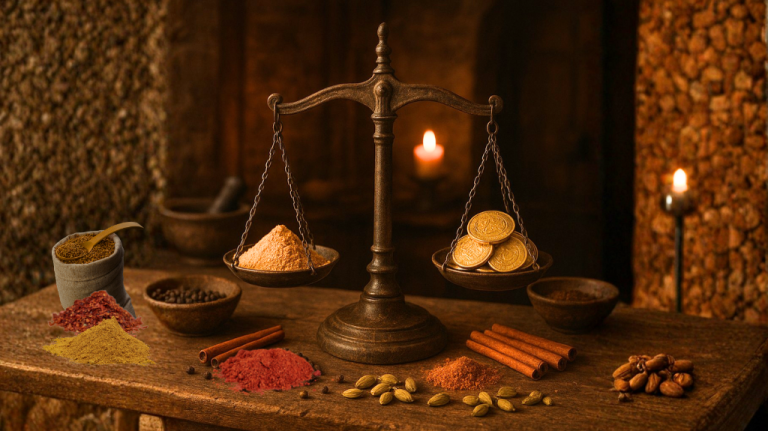 Mittelalterlicher Raum mit Waage auf Holztisch, auf der Gewürze mit Gold aufgewogen werden