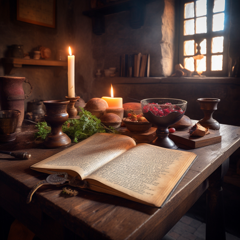 Mittelalterliche Küche mit Holztisch, altem Rezeptbuch und historischen Kochutensilien – Inspiration für den traditionellen Hypocras