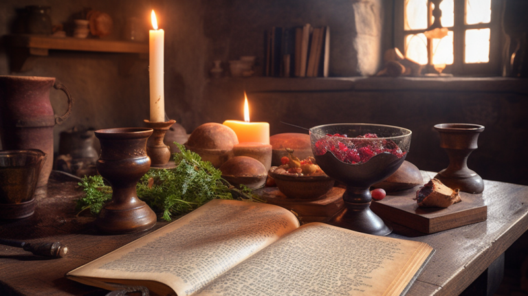 Mittelalterliche Küche mit Holztisch, altem Rezeptbuch und historischen Kochutensilien – Inspiration für den traditionellen Hypocras