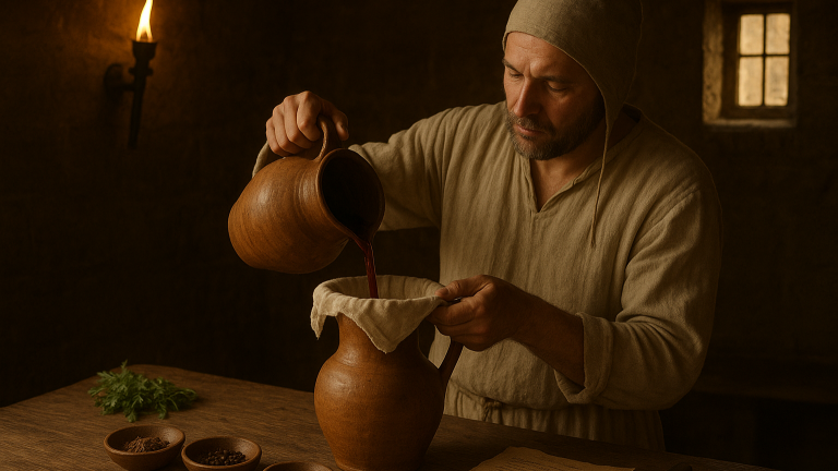 Darstellung eines Mannes, der im Mittelalter Hypocras herstellt – traditioneller Prozess des Gewürzweins